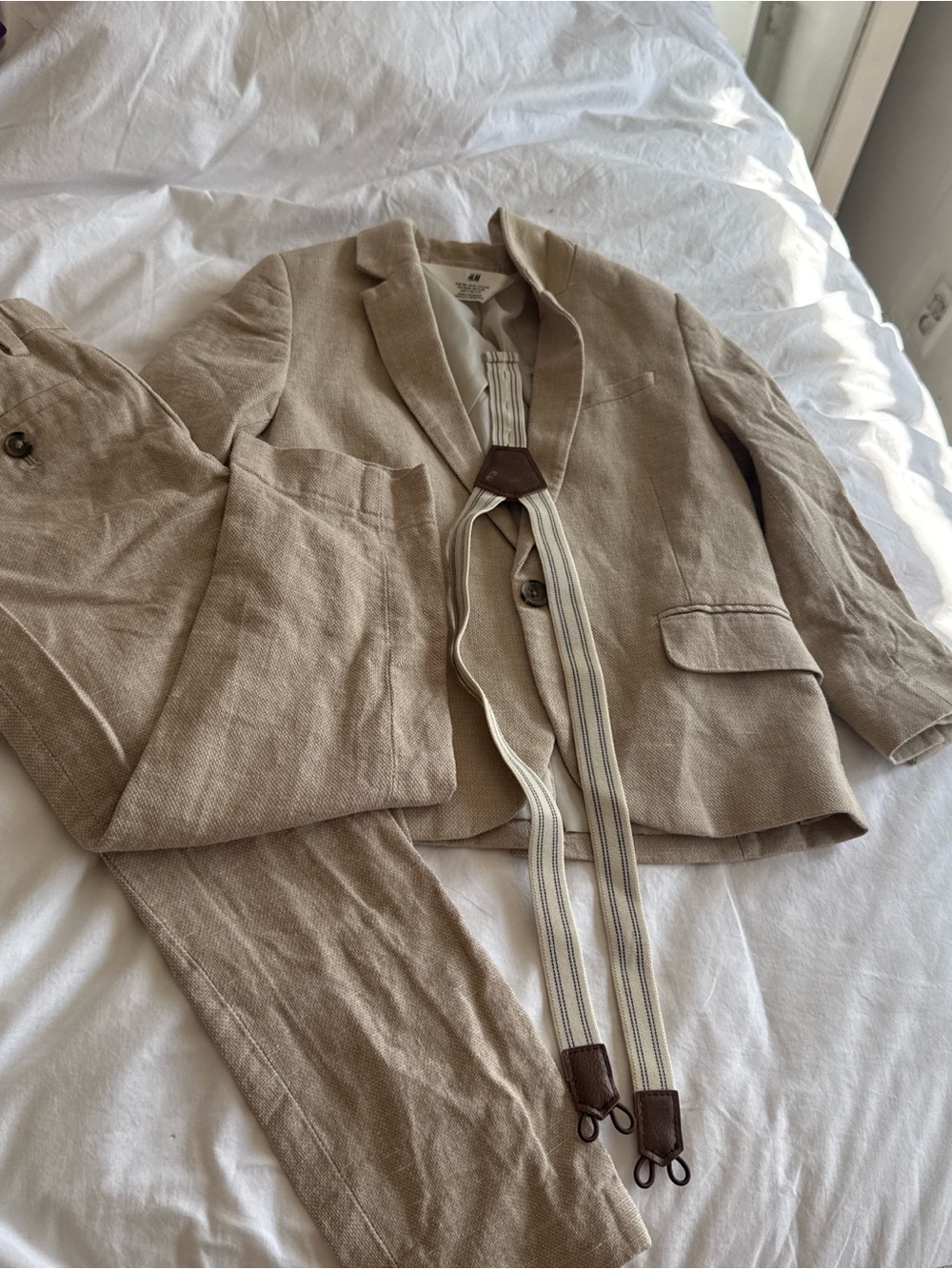 H&M kids Tan Linen-cotton Two-Piece Suit with Striped Braces